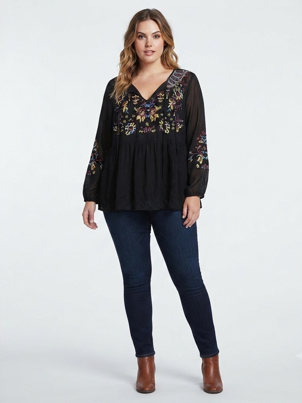 Altar'd State Black and Tan Embellished Long Sleeve Blouse